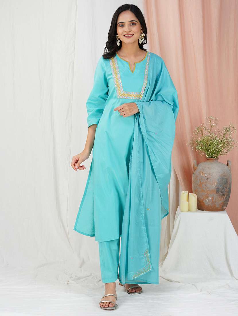 women three quarter sleeve kurta pant with dupatta set - 21975170 - Zoom Image - 0