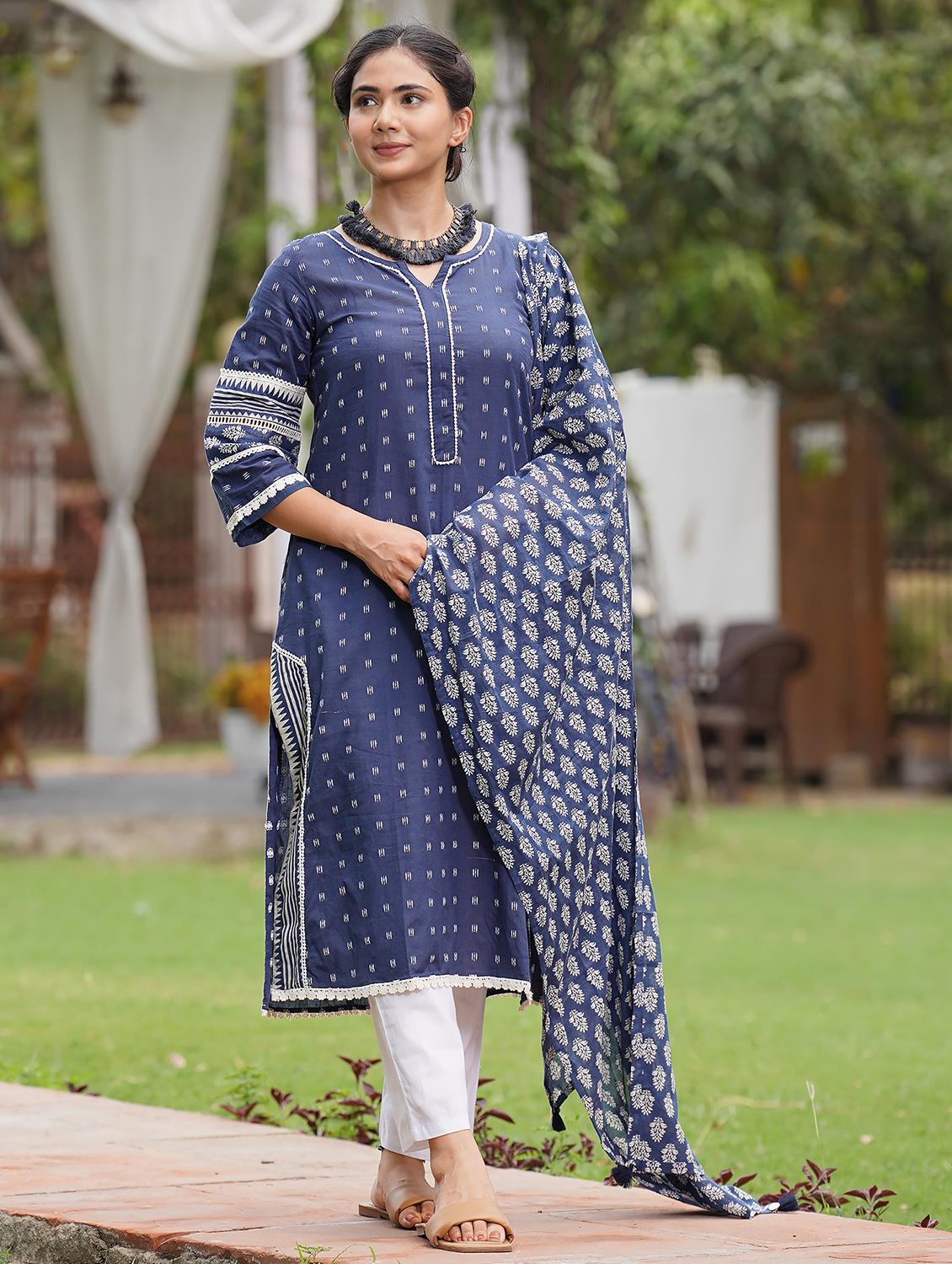 women three quarter sleeve kurta pant with dupatta set