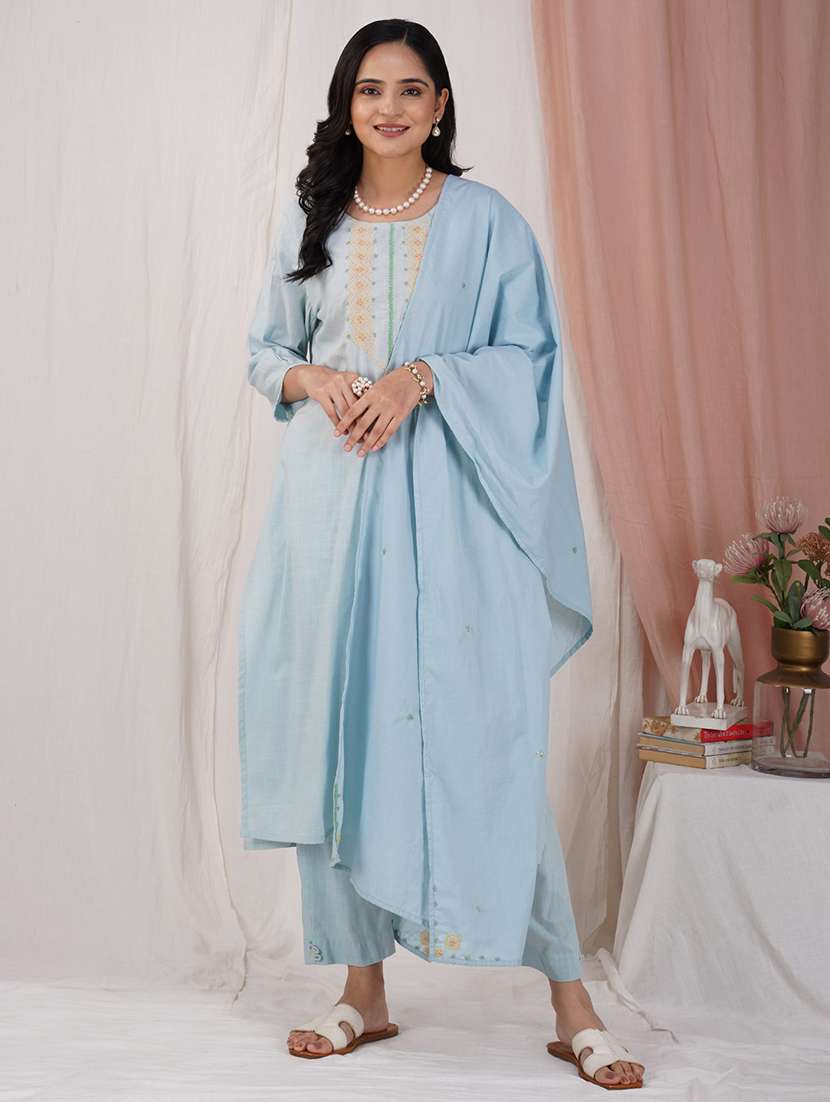 women three quarter sleeve kurta pant with dupatta set