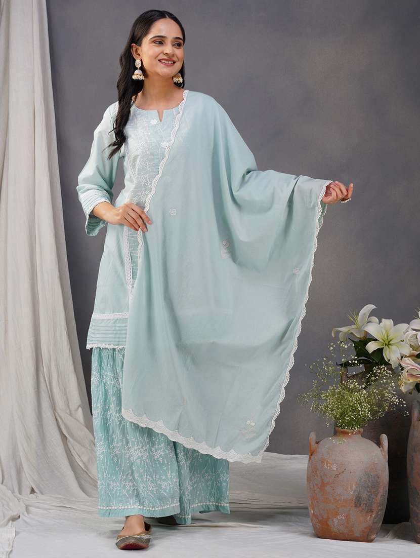 women three quarter sleeve kurta sharara with dupatta set