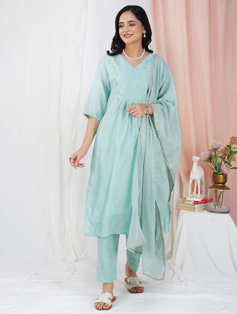 women three quarter sleeve kurta pant with dupatta set