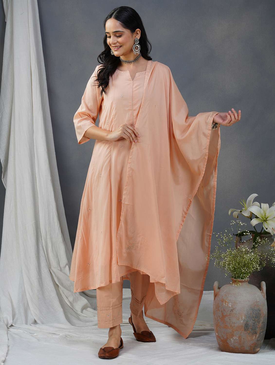 women three quarter sleeve kurta pant with dupatta set