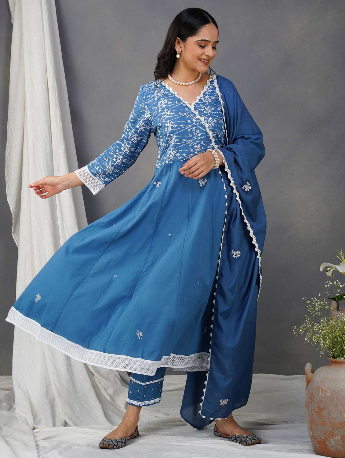 women three quarter sleeve anarkali kurta pant with dupatta set