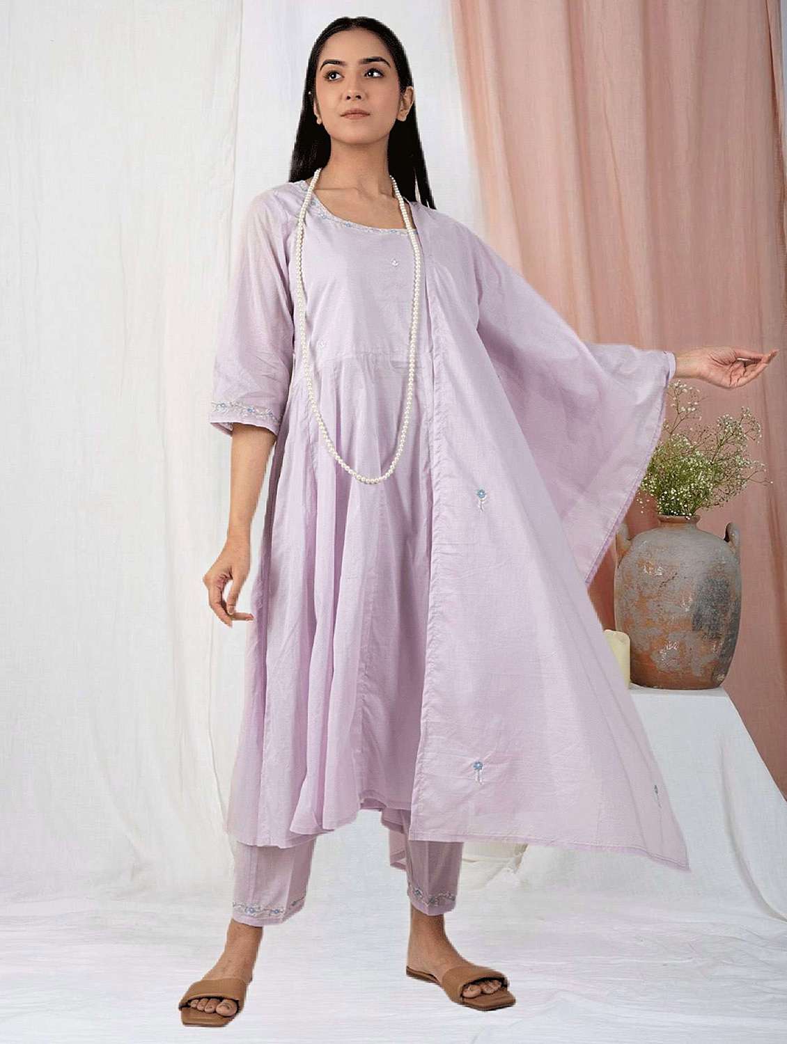 women three quarter sleeve kurta pant with dupatta set