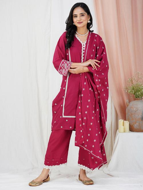 women three quarter sleeve kurta pant with dupatta set - 21975194 -  Standard Image - 0