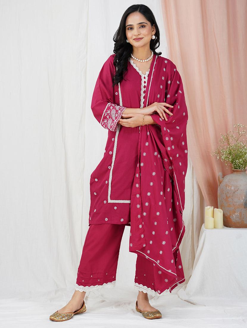 women three quarter sleeve kurta pant with dupatta set - 21975194 -  Zoom Image - 0
