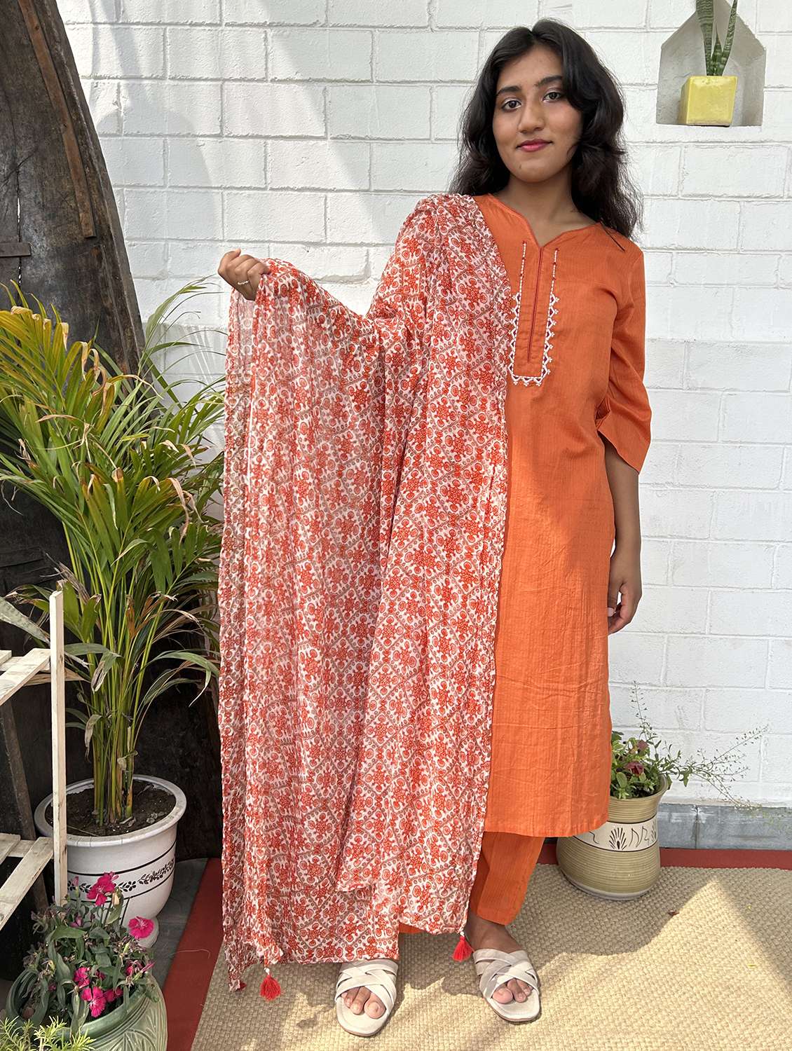 women three quarter sleeve kurta pant with dupatta set