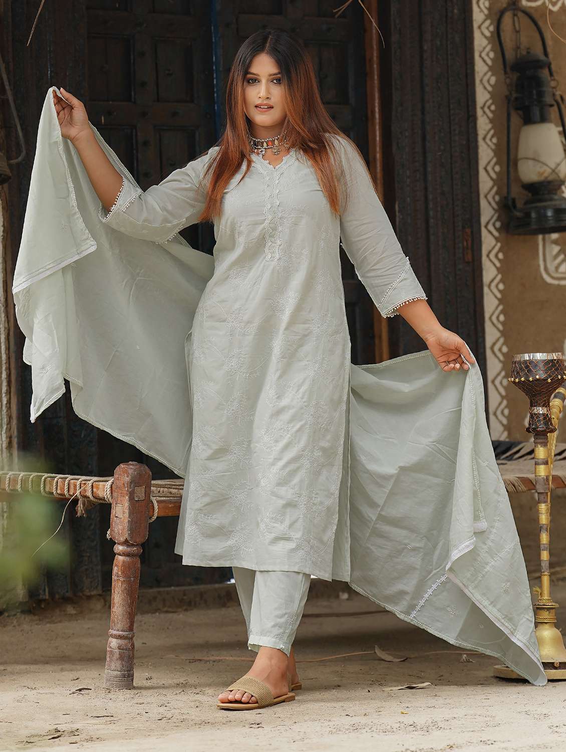 women three quarter sleeve kurta pant with dupatta set