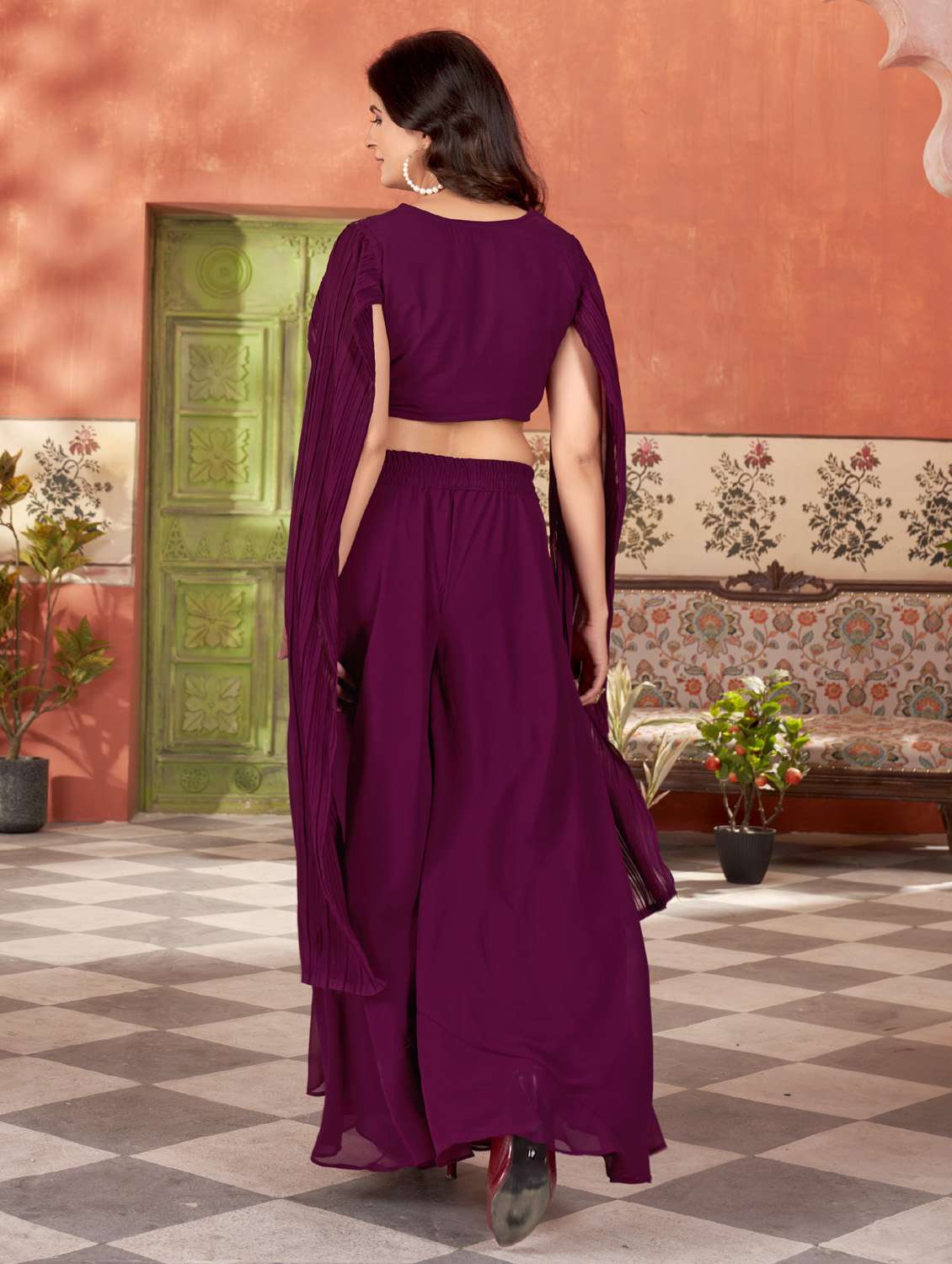 women solid with work round neck fusion set - 21975229 - Standard Image - 3