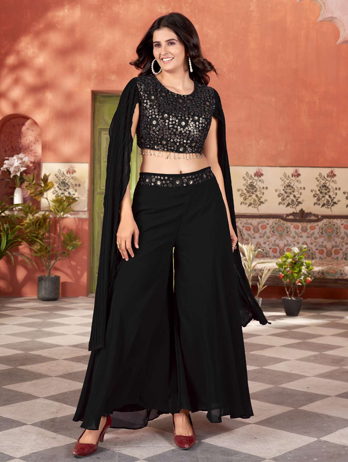 women solid with work round neck fusion set - 21975277 - Zoom Image - 0