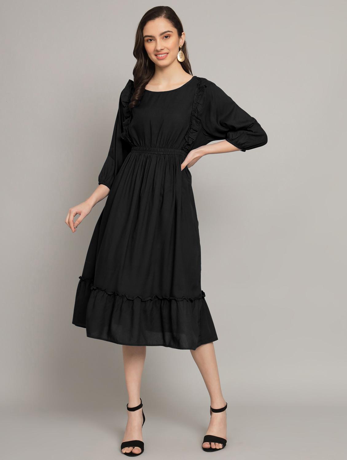 women solid three quarter sleeve tiered dress - 21975305 - Zoom Image - 0