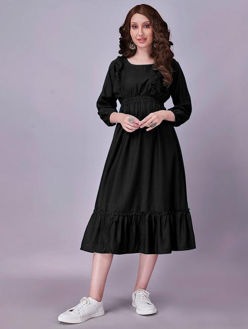 women solid three quarter sleeve tiered dress - 21975309 - Standard Image - 0