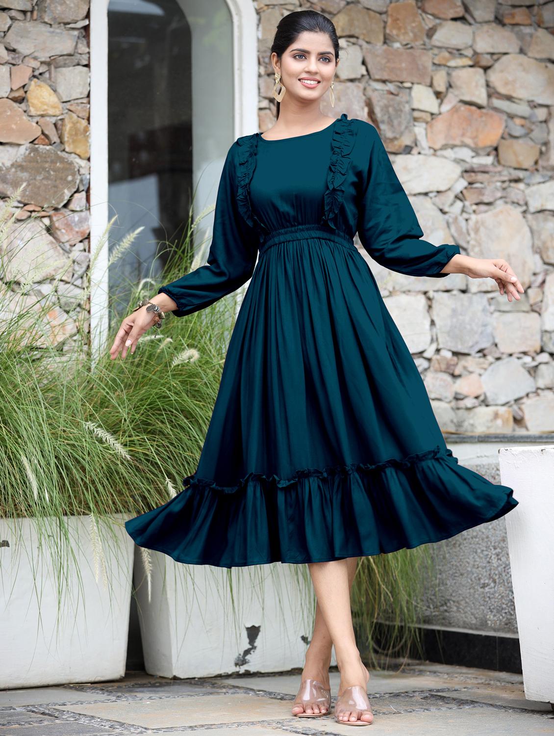 women solid three quarter sleeve tiered dress - 21975316 -  Zoom Image - 0