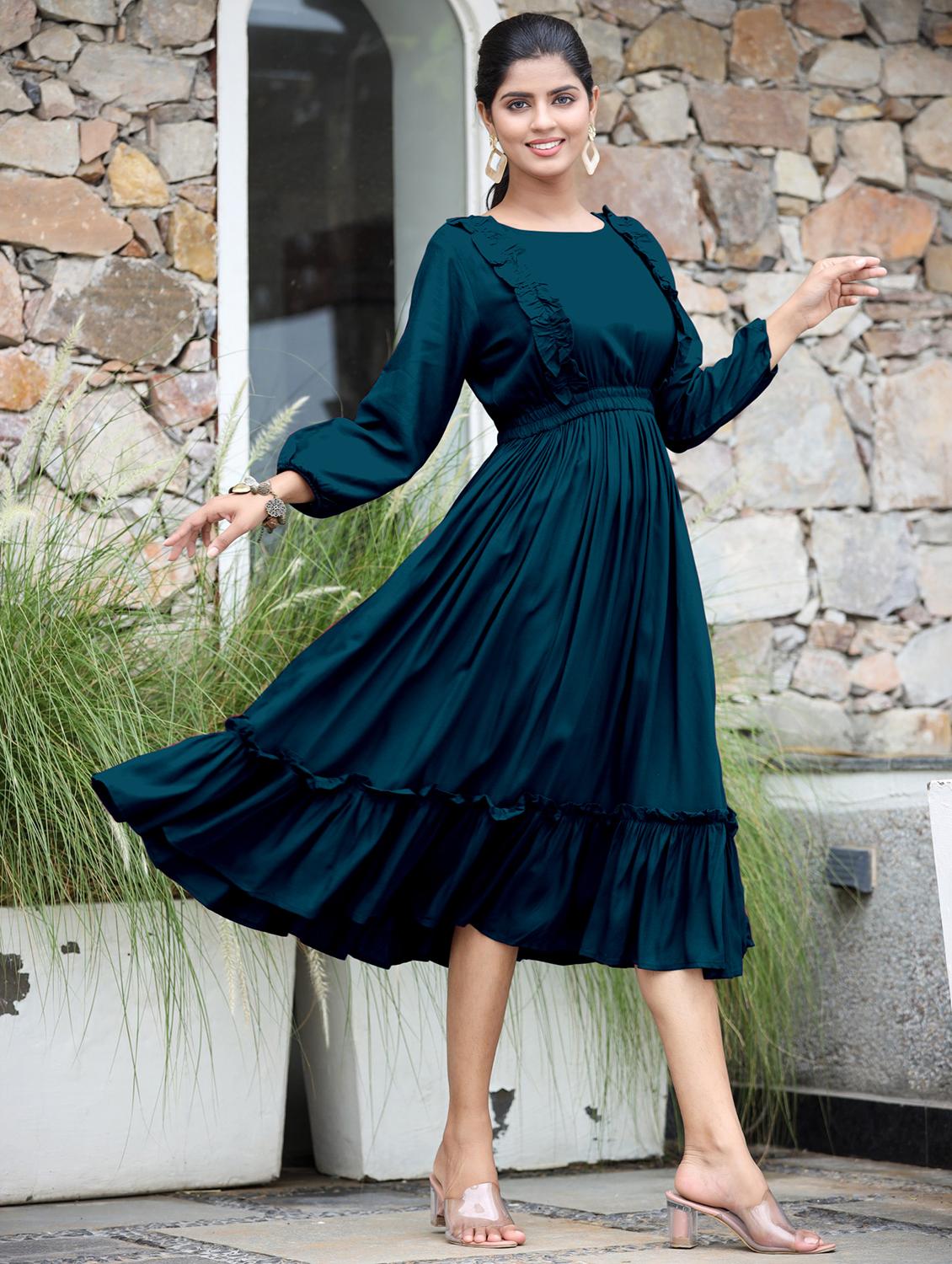 women solid three quarter sleeve tiered dress - 21975316 - Standard Image - 3