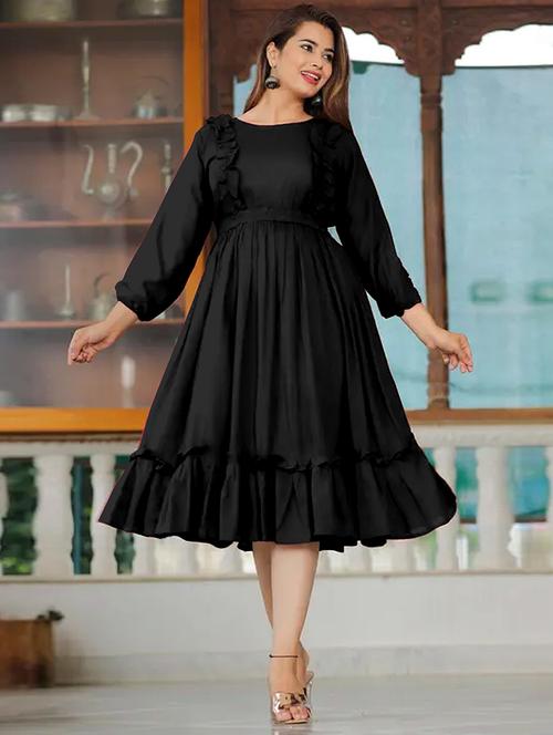 women solid three quarter sleeve tiered dress - 21975317 -  Standard Image - 0