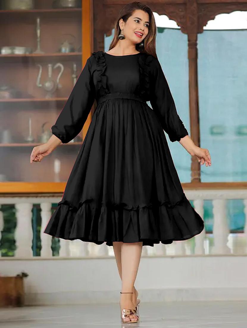 women solid three quarter sleeve tiered dress - 21975317 -  Zoom Image - 0