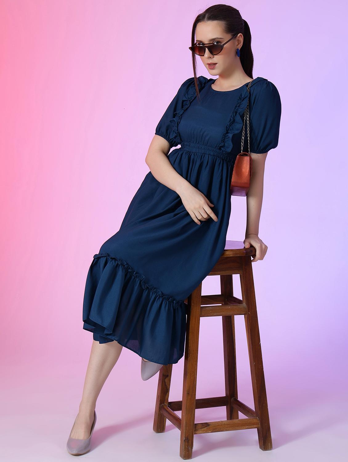 women solid puff sleeve tiered dress - 21975320 -  Zoom Image - 0