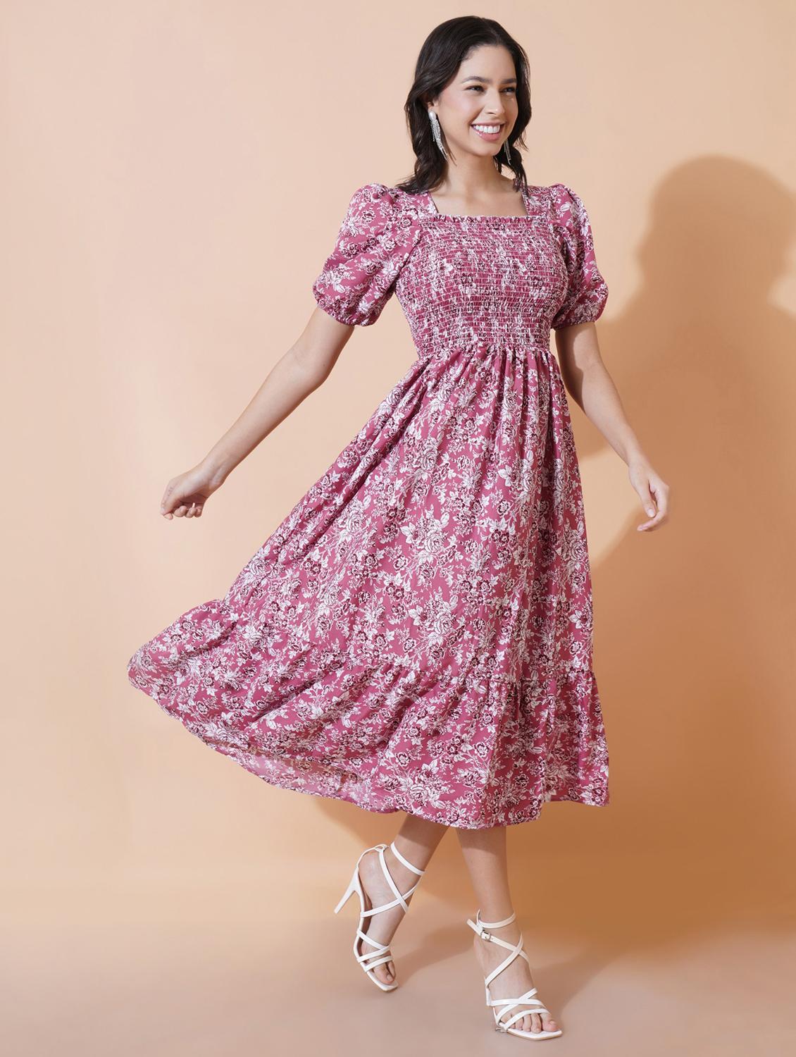 women pink printed puff sleeve tiered dress - 21975410 - Zoom Image - 0