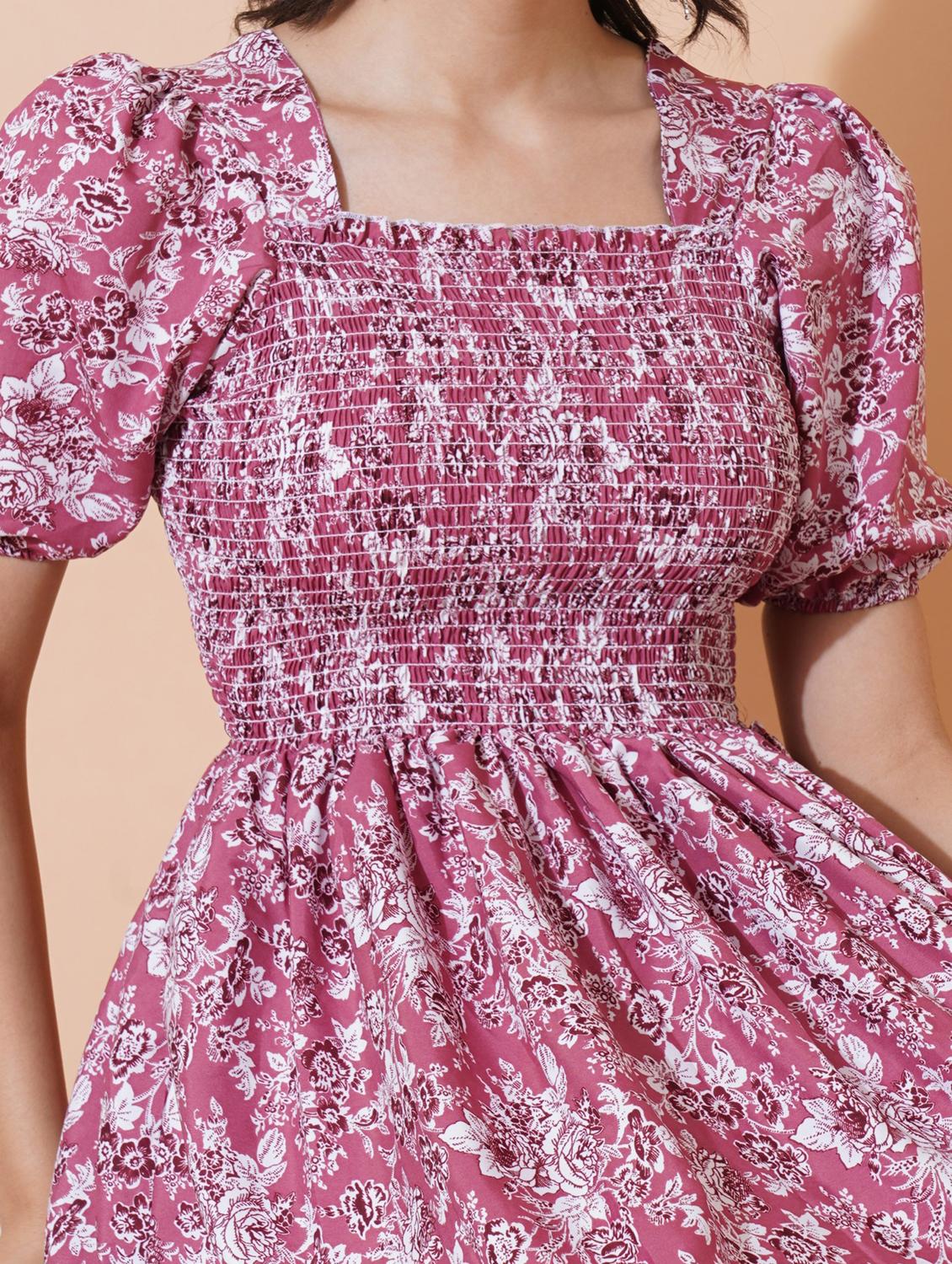 women pink printed puff sleeve tiered dress - 21975410 - Standard Image - 3