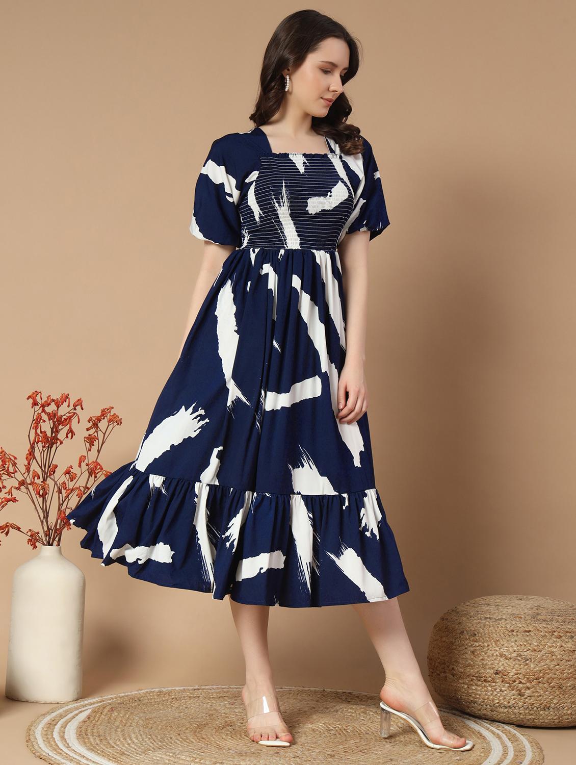 women navy blue printed puff sleeve tiered dress - 21975413 - Zoom Image - 0