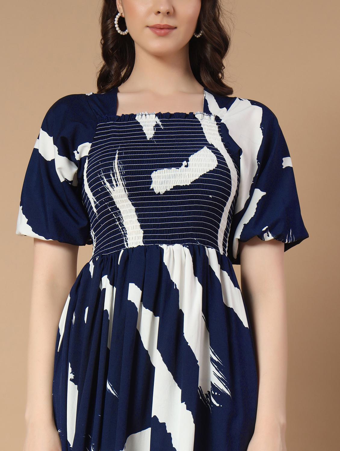 women navy blue printed puff sleeve tiered dress - 21975413 - Standard Image - 3