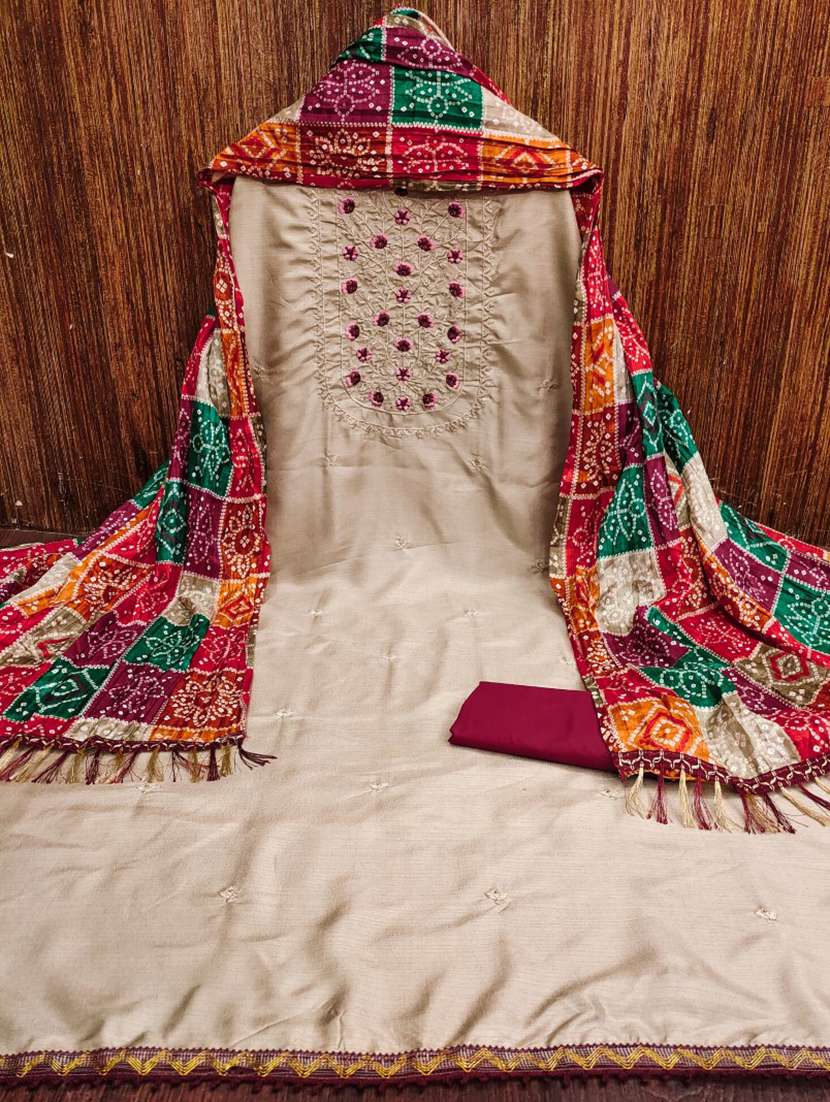 women solid with work embroidered unstitched suit set