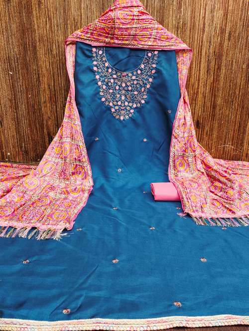 women solid with work embroidered unstitched suit set - 21975716 - Standard Image - 0