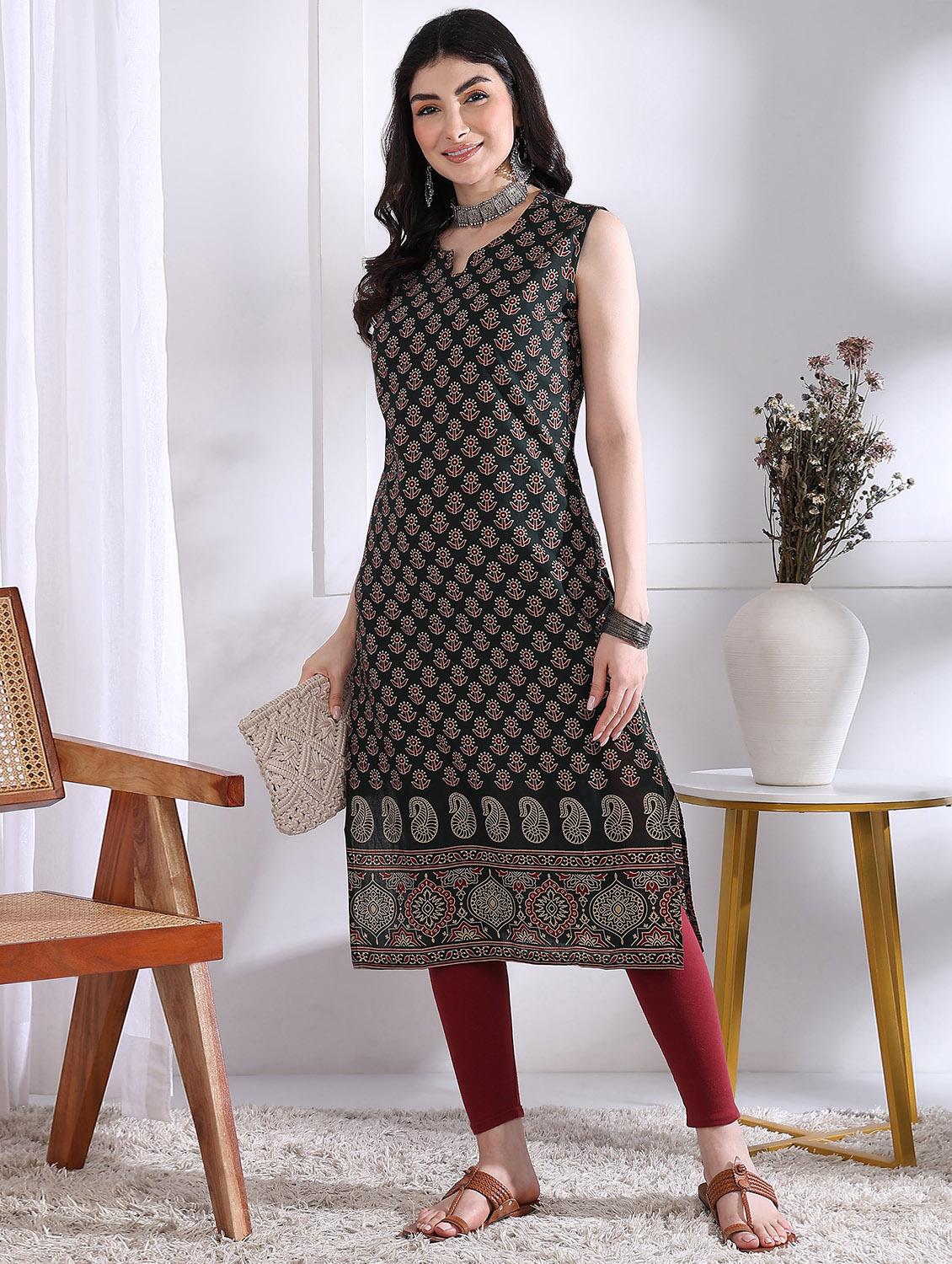 women printed sleeveless straight kurta - 21975787 - Zoom Image - 0
