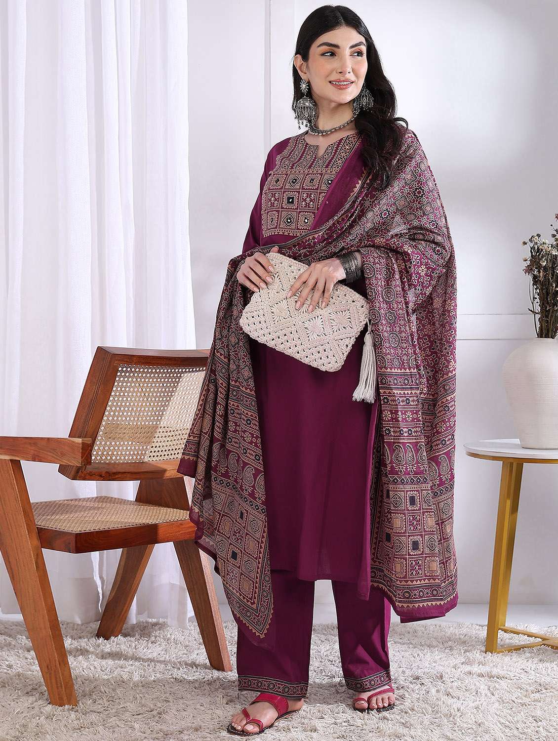 women three quarter sleeve kurta palazzo with dupatta set