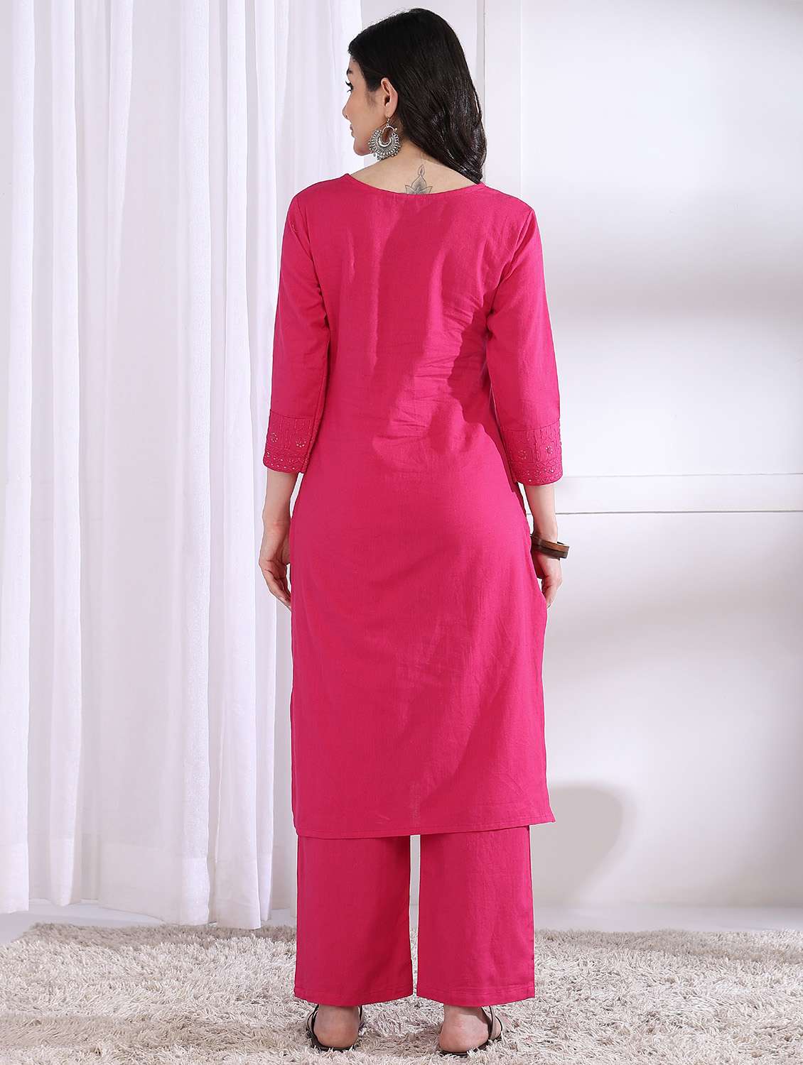 women solid three quarter sleeve kurta palazzo set - 21975803 -  Standard Image - 3