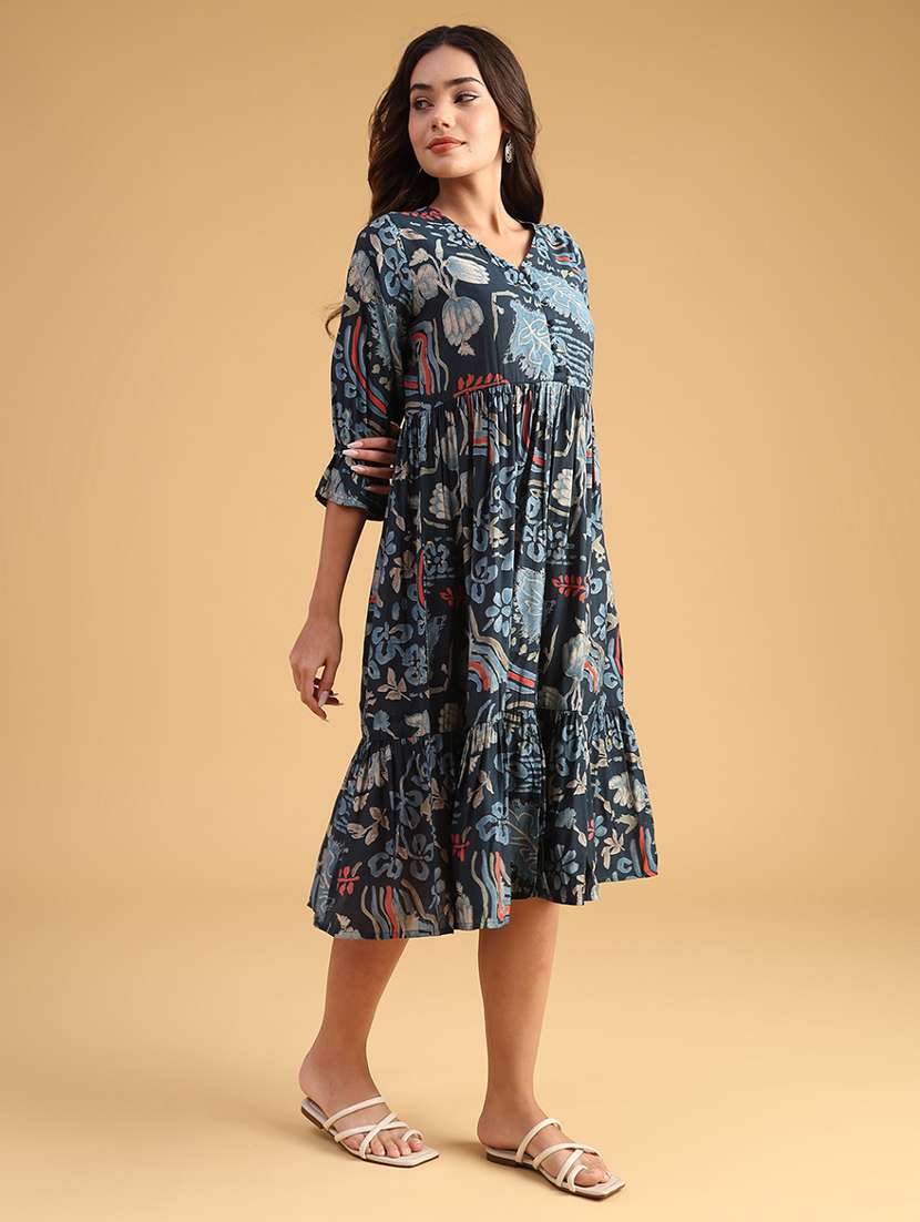 women printed three quarter sleeve tiered dress - 21975834 -  Standard Image - 3
