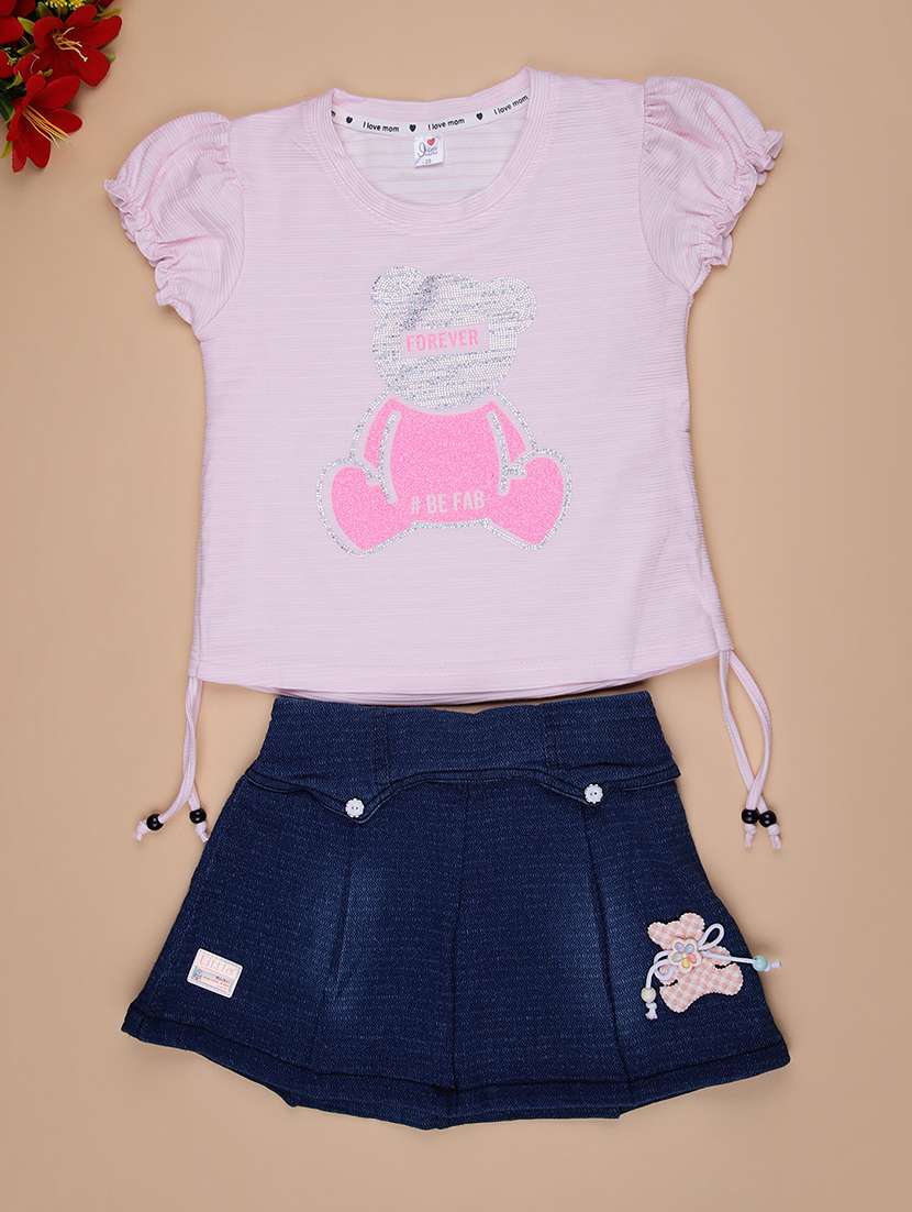 girls printed round neck skirt & top set 