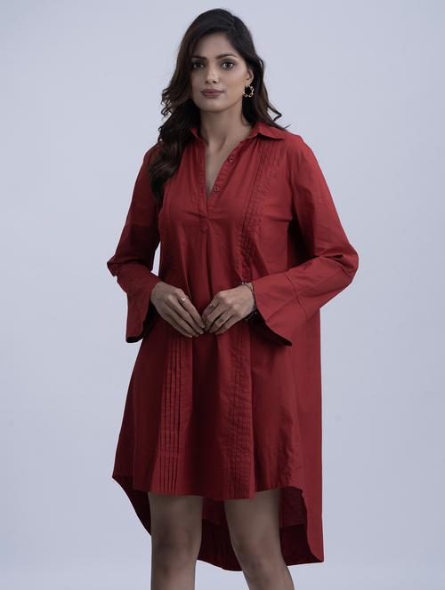 women solid collared long sleeve high low dress - 21976208 - Standard Image - 0