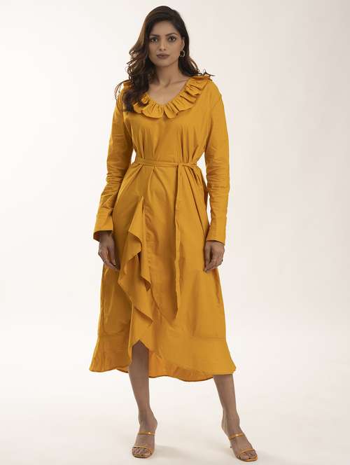 women yellow solid long sleeve asymmetric dress - 21976212 - Standard Image - 0