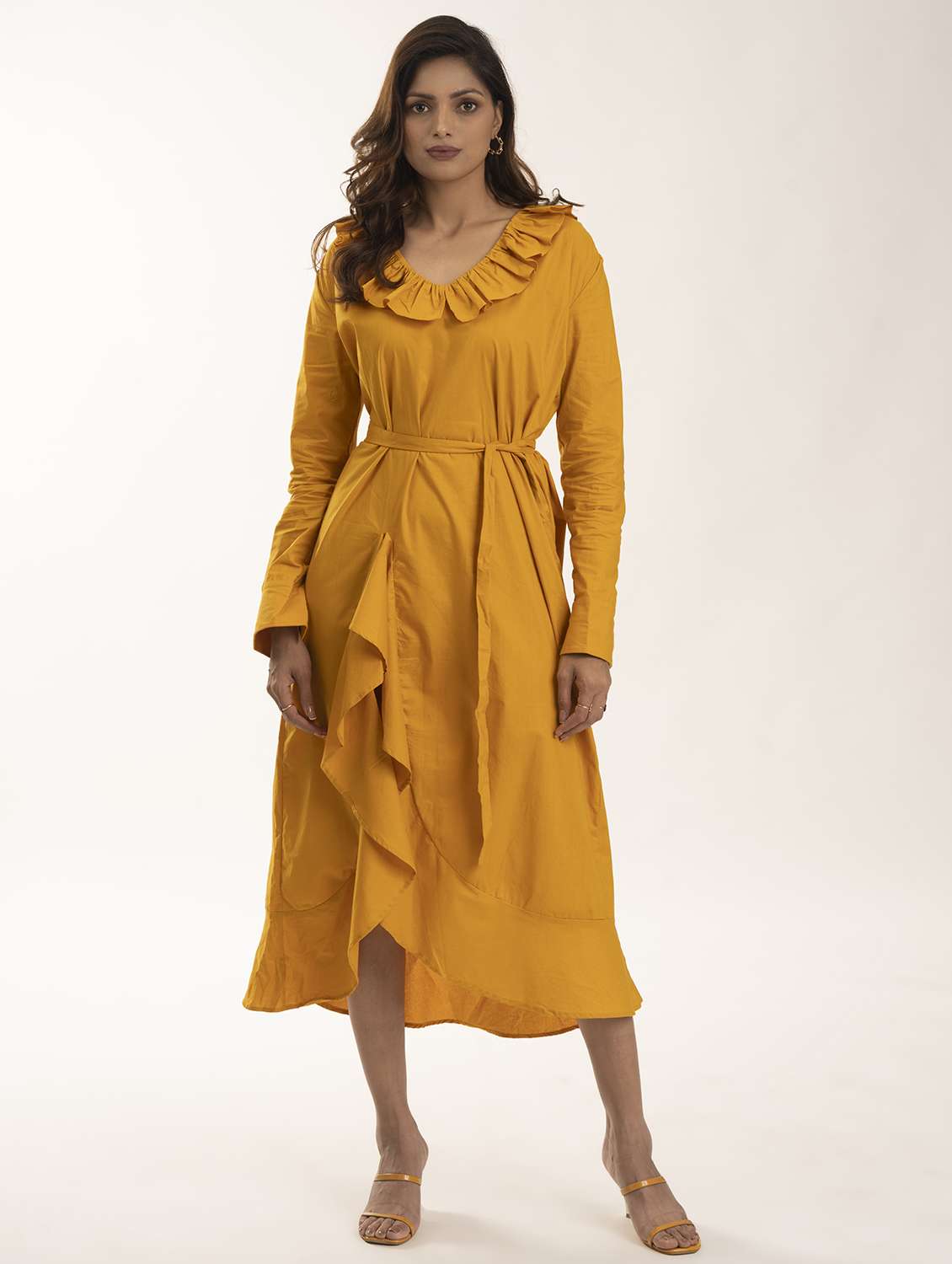 women yellow solid long sleeve asymmetric dress - 21976212 - Zoom Image - 0