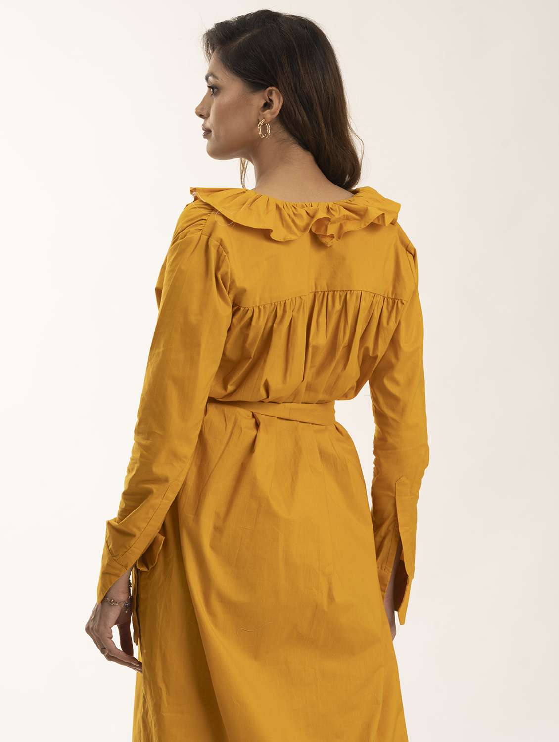 women yellow solid long sleeve asymmetric dress - 21976212 - Standard Image - 3