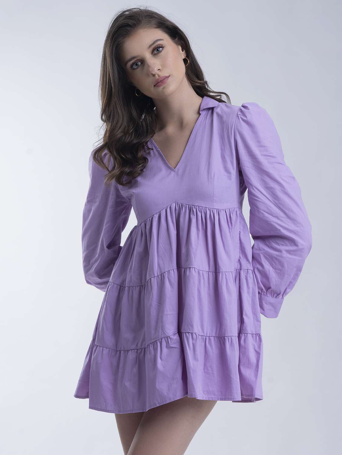 women lavender solid puff sleeve tiered dress - 21976213 - Zoom Image - 0