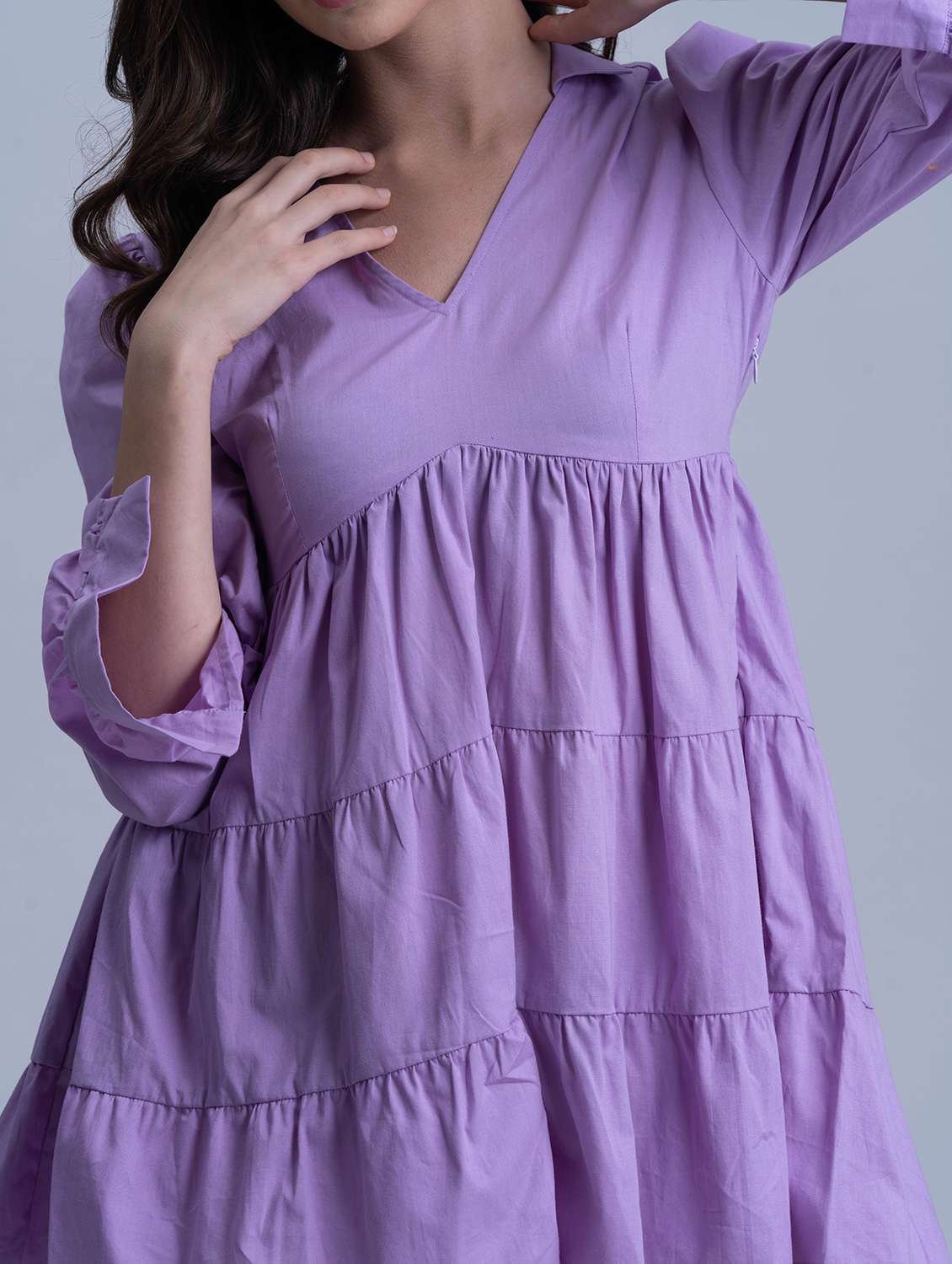 women lavender solid puff sleeve tiered dress - 21976213 - Standard Image - 5