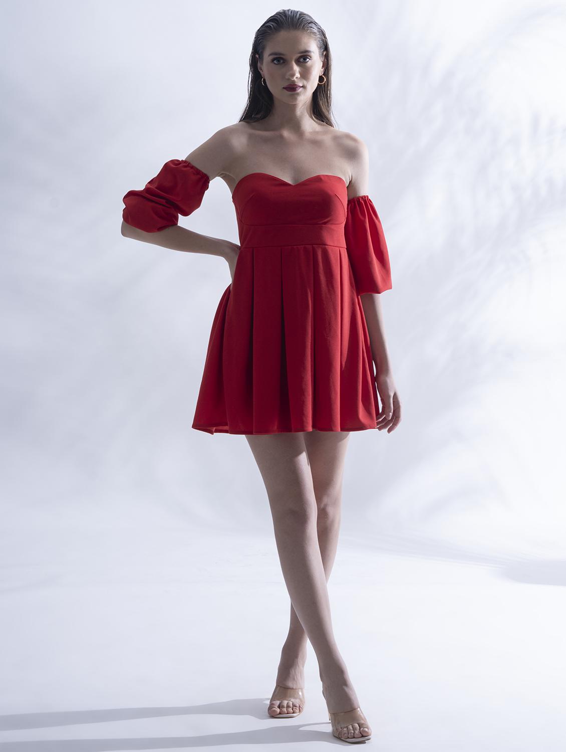 women red solid fit and flared tube dress - 21976214 - Standard Image - 3