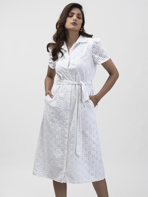 white self designed collared schiffli a-line dress - 21976216 -  Standard Image - 0