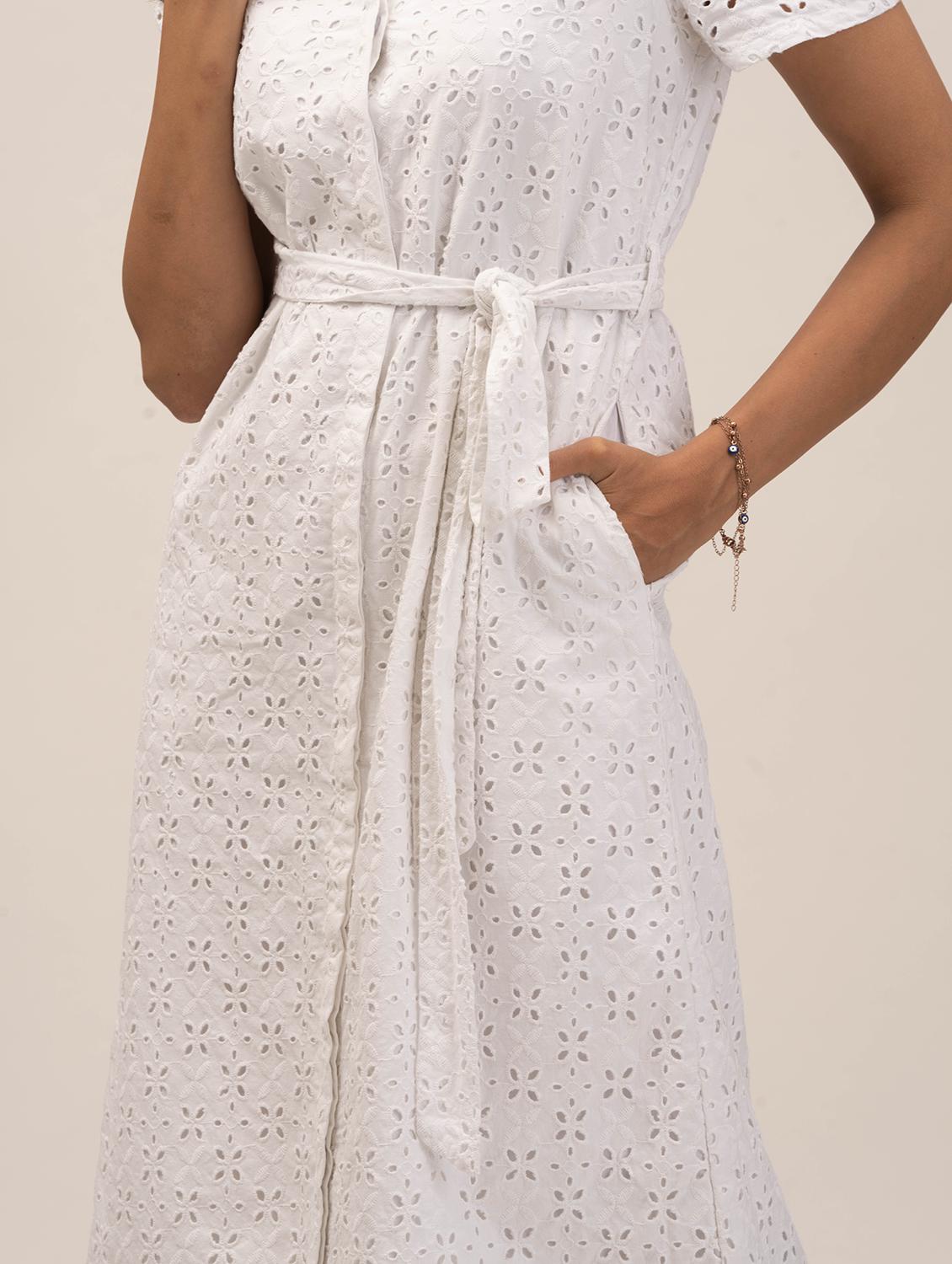 white self designed collared schiffli a-line dress - 21976216 - Standard Image - 3