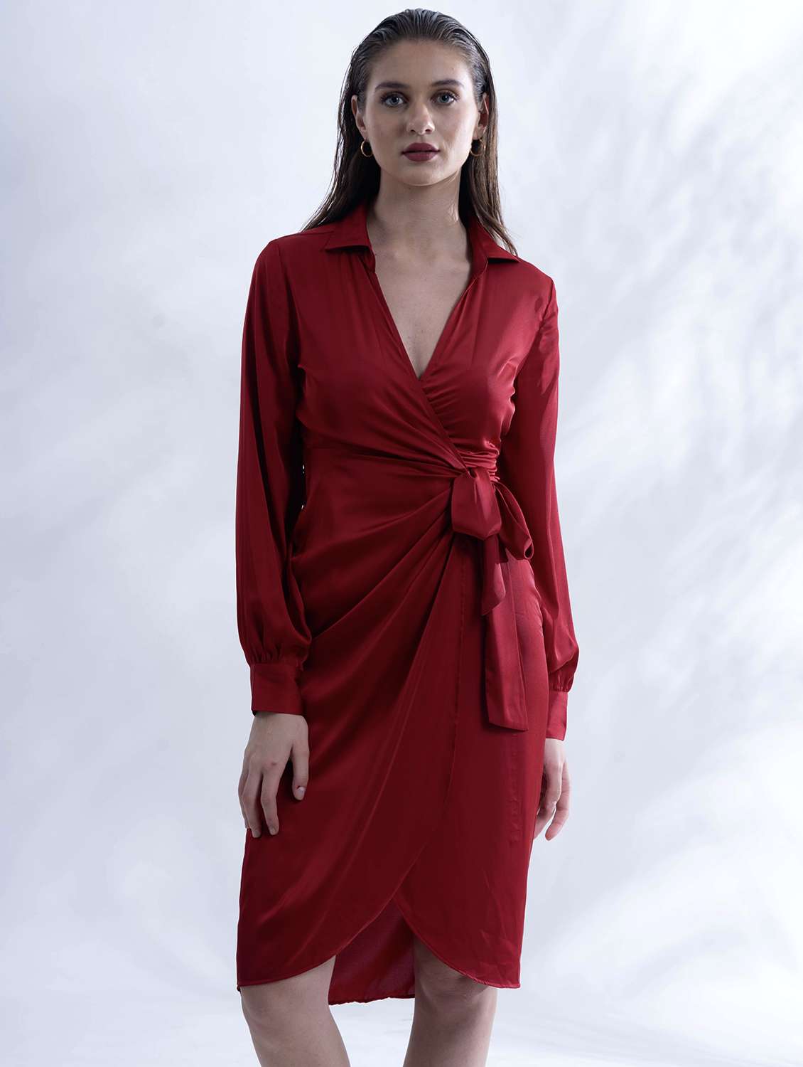 maroon solid long sleeve collared wrap dress
