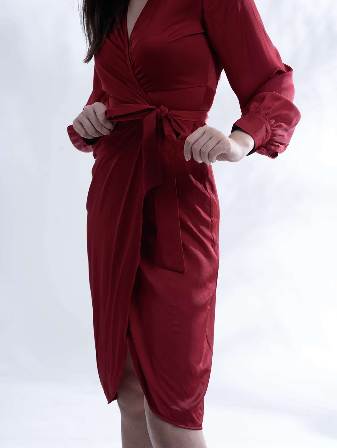 maroon solid long sleeve collared wrap dress - 21976217 - Standard Image - 5