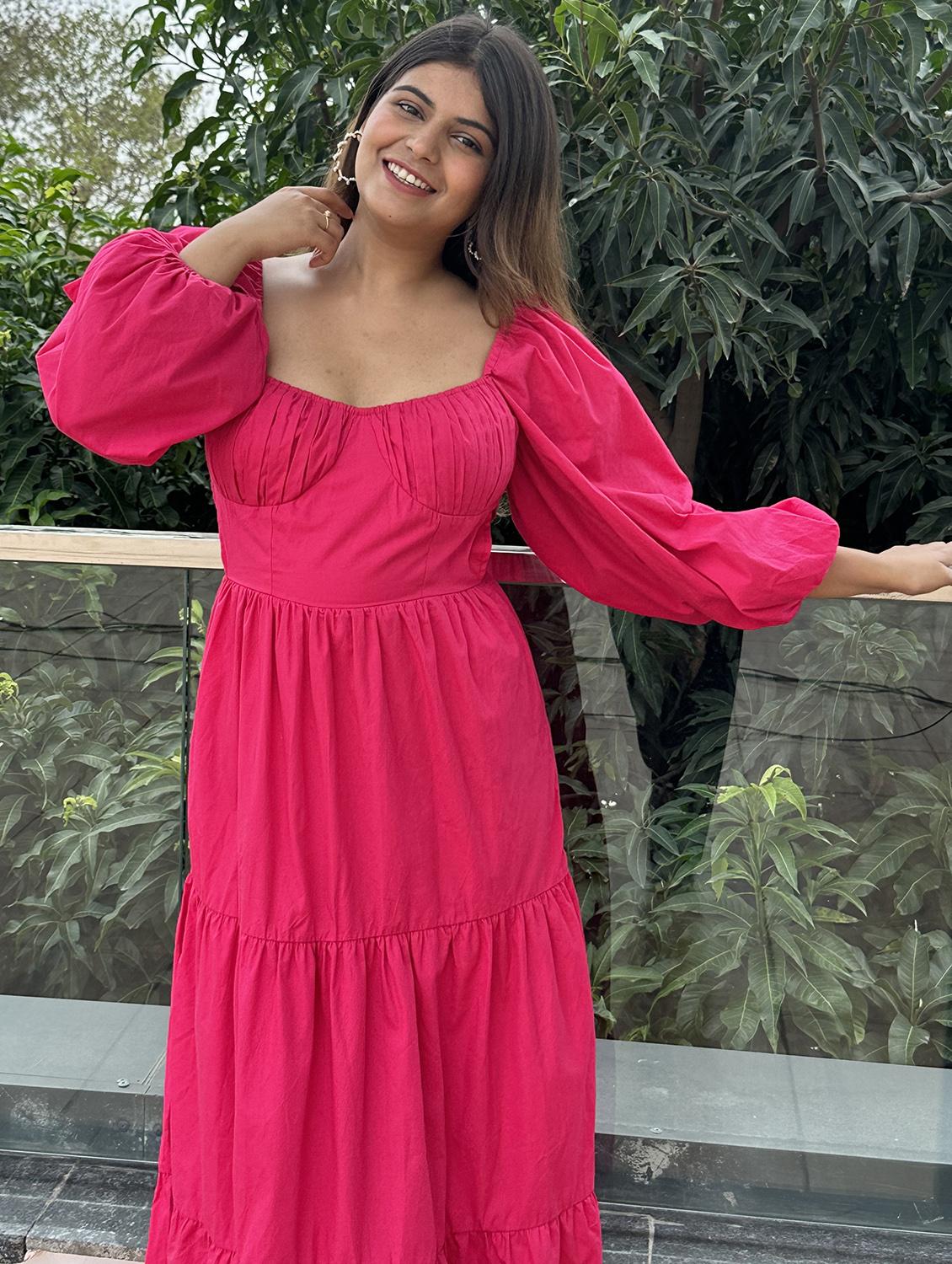women pink solid puff sleeve tiered dress - 21976230 - Standard Image - 3