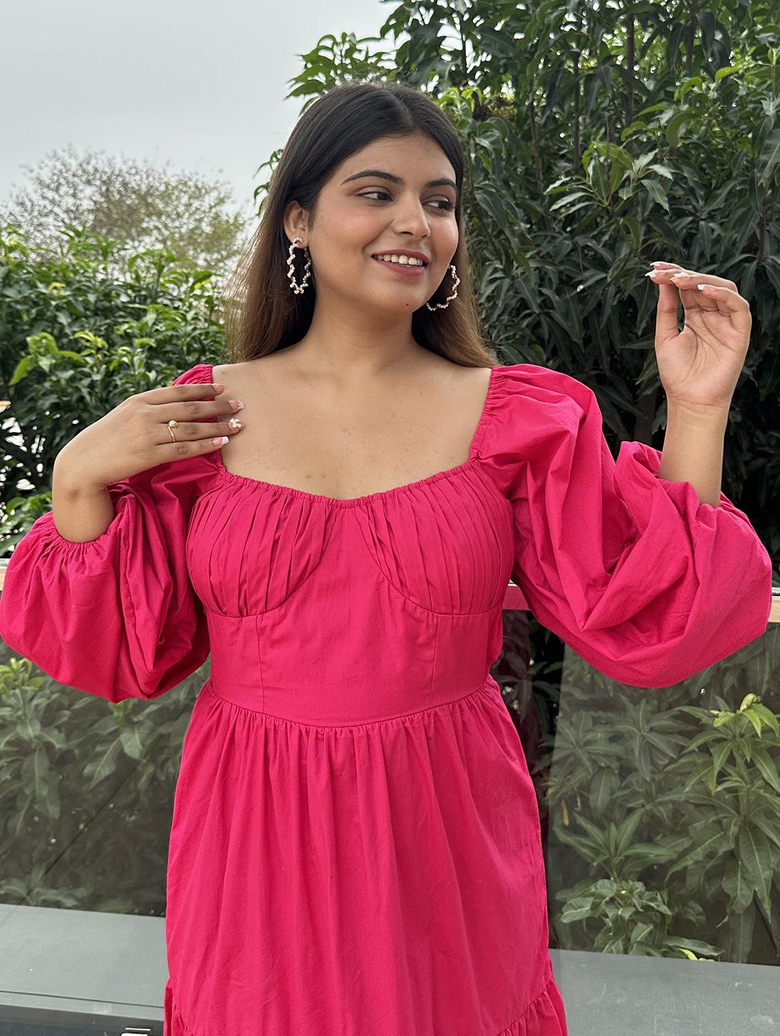 women pink solid puff sleeve tiered dress - 21976230 - Standard Image - 5