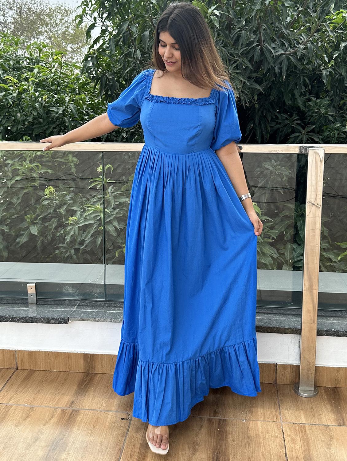 women blue solid puff sleeve tiered dress - 21976231 - Standard Image - 3