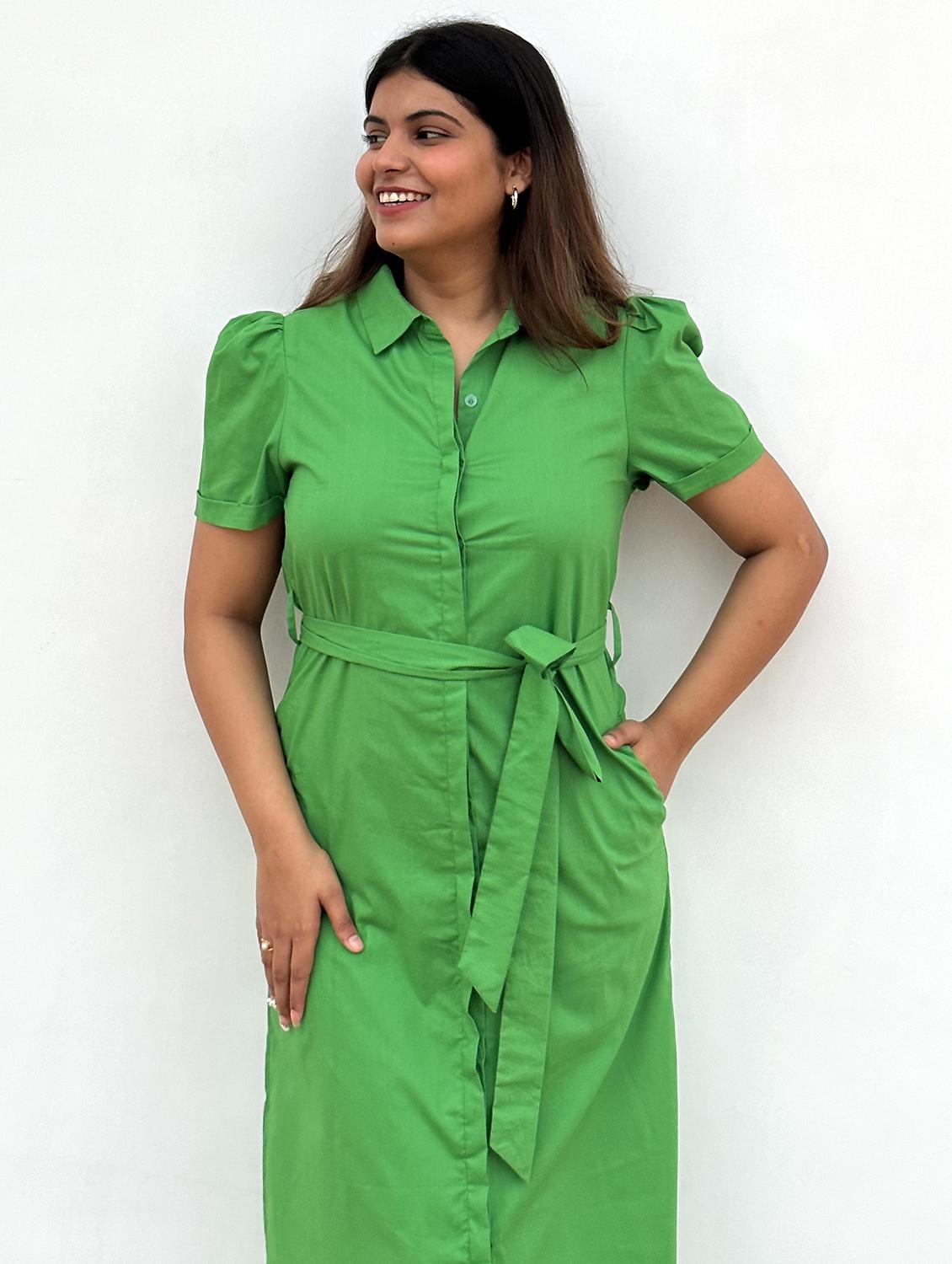 women solid puff sleeve collared shirt dress - 21976235 - Standard Image - 3