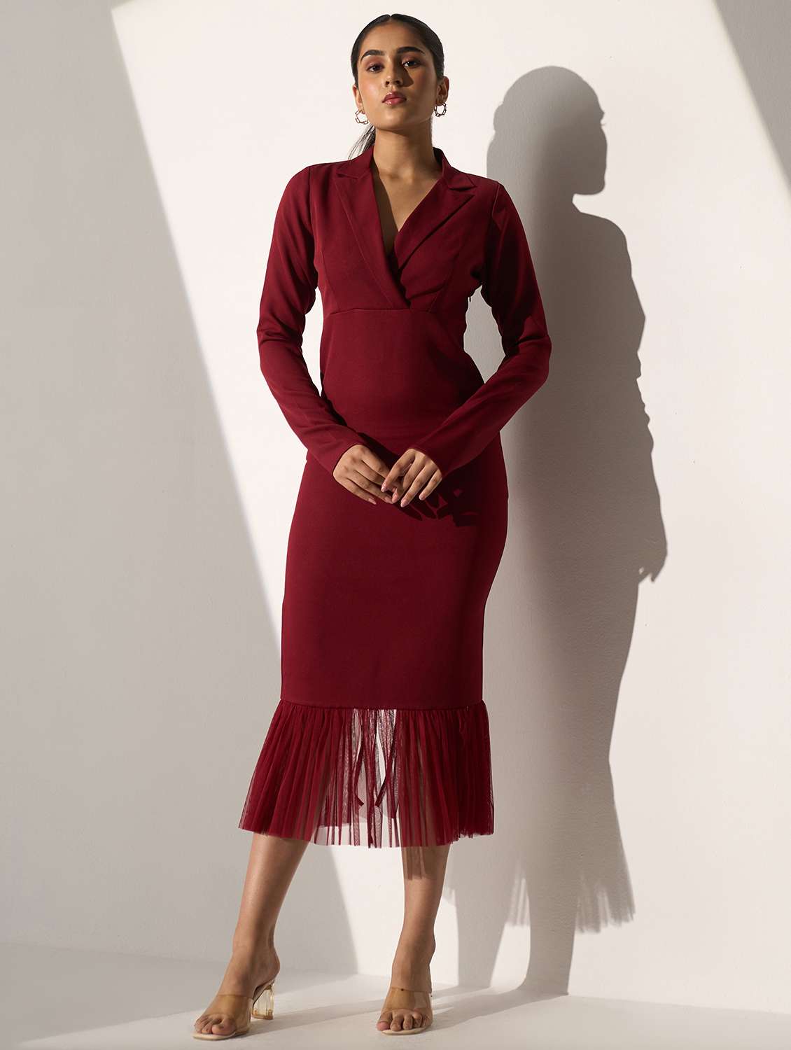 women maroon solid long sleeve tiered dress - 21976239 - Zoom Image - 0