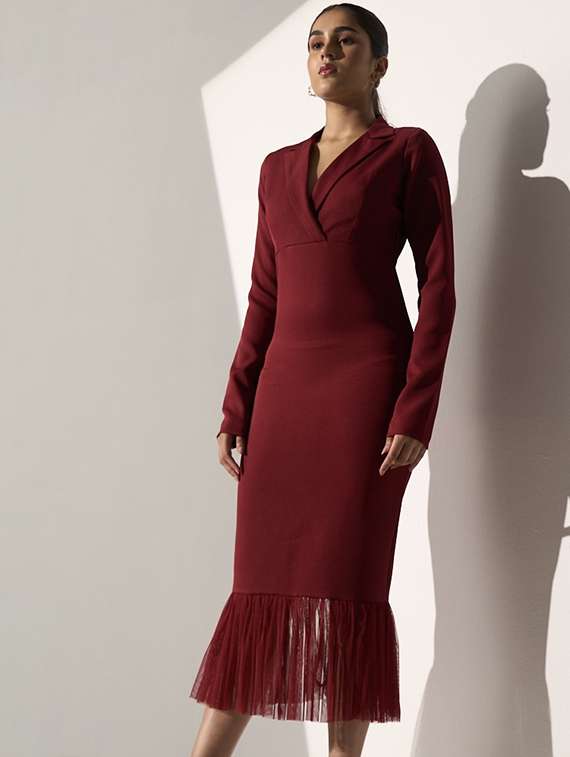 women maroon solid long sleeve tiered dress - 21976239 - Standard Image - 3