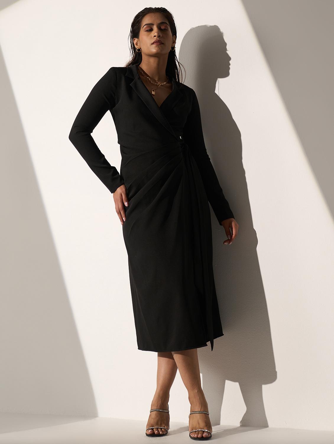 women black solid long sleeve wrap dress - 21976241 - Standard Image - 3